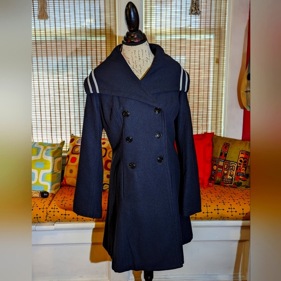 Voodoo Vixen Navy Blue Long Button Up Sailor Coat Sz L Wool - Picture 1 of 8